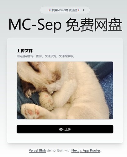 一张 MC-Sep 免费网盘的网页截图，显示一只小猫蜷缩睡觉的图片和上传文件的按钮。(由 AI 生成标题)