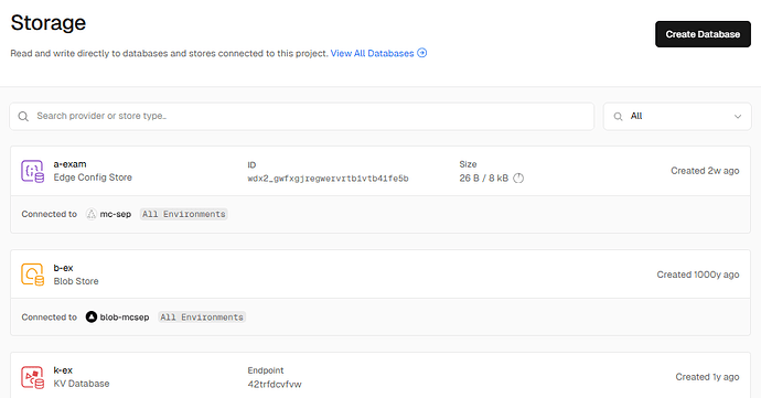 该图片显示了一个存储管理界面，列出了 Edge Config Store、Blob Store 和 KV Database 等多种存储类型及其相关信息，包括 ID、大小和创建时间。(由 AI 生成标题)