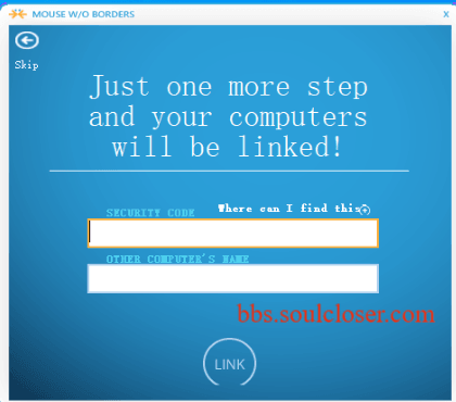 En la ventana azul de “Mouse Without Borders”, se indica que solo necesitas un paso para conectar tu equipo y se solicita el código de seguridad (SECURITY CODE) junto con el nombre de otro equipo. (Generado por BOBOForum AI)
